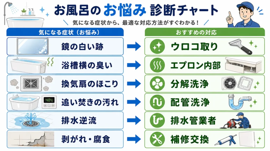 お風呂の汚れや不具合から依頼先を選ぶ診断図