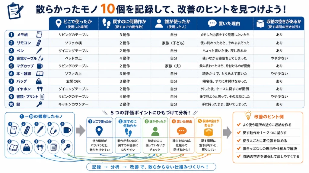 散らかった物を記録して定位置を見直す方法