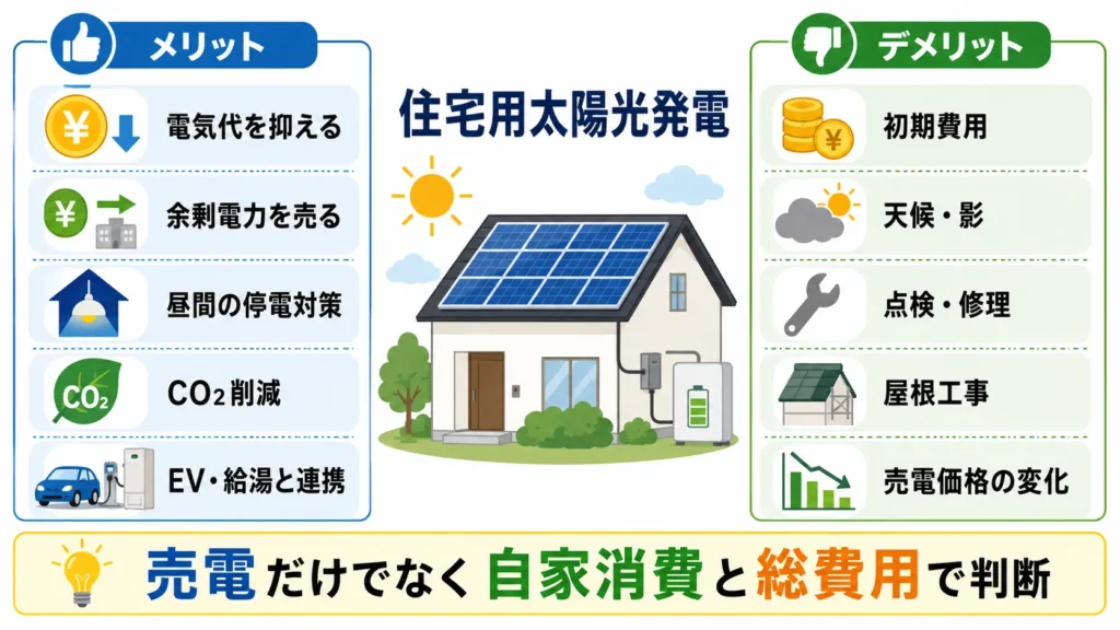 住宅用太陽光発電の主なメリットとデメリットの比較