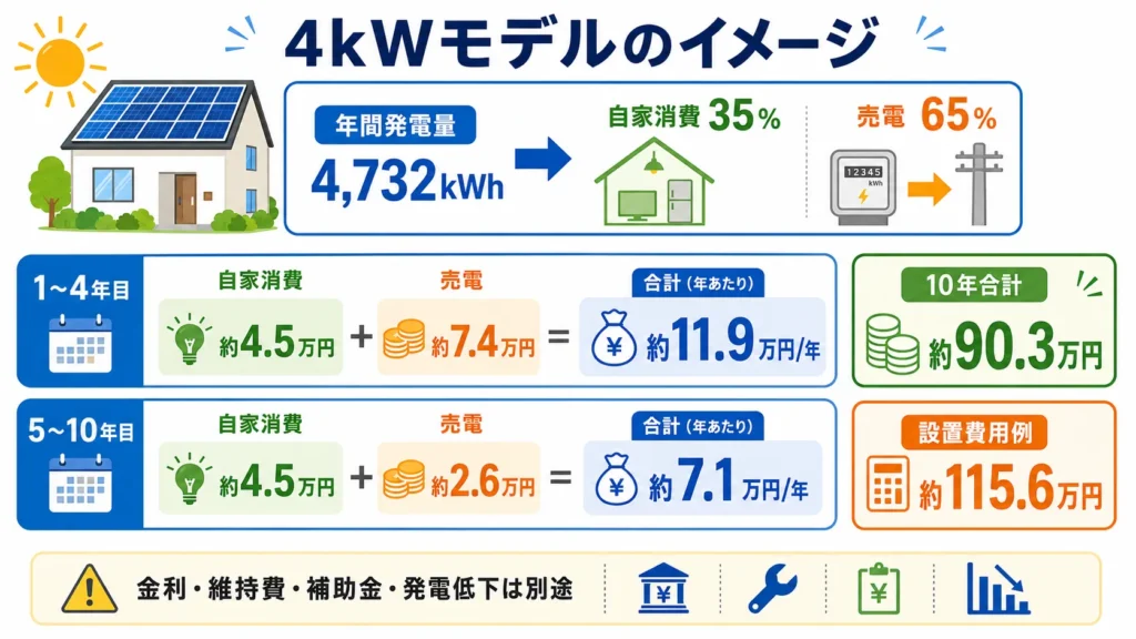 4kW太陽光発電の自家消費・売電収入・10年間の経済効果の試算