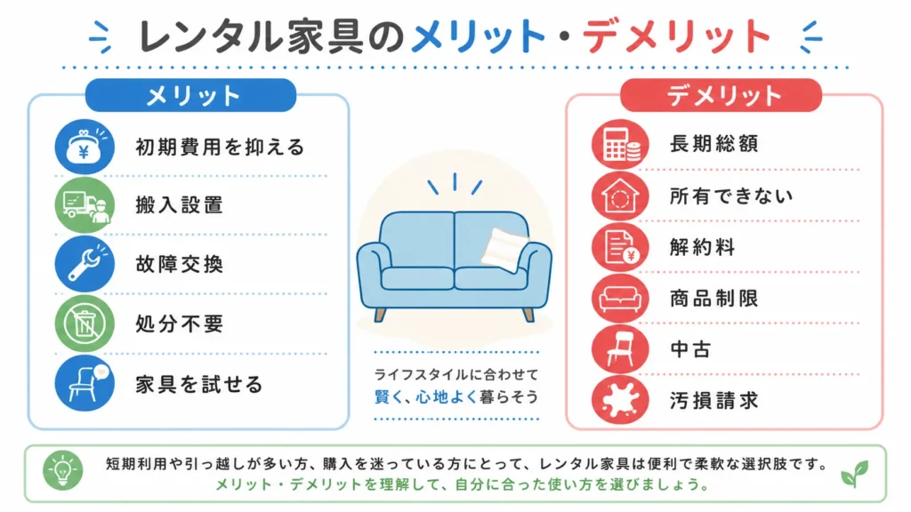 レンタル家具のメリットとデメリットを左右に比較した図