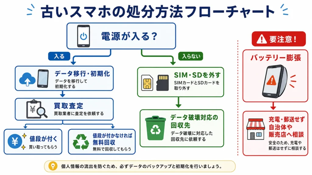 スマホの状態から買取・無料回収・専門相談を選ぶフローチャート