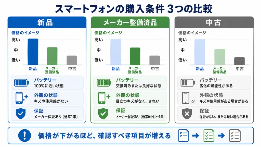 新品・メーカー整備済品・中古スマホの価格とバッテリー・保証の違い