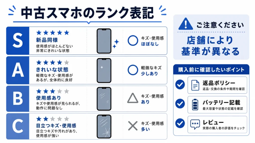 中古スマホショップのランク表記S・A・B・Cの目安と確認ポイント