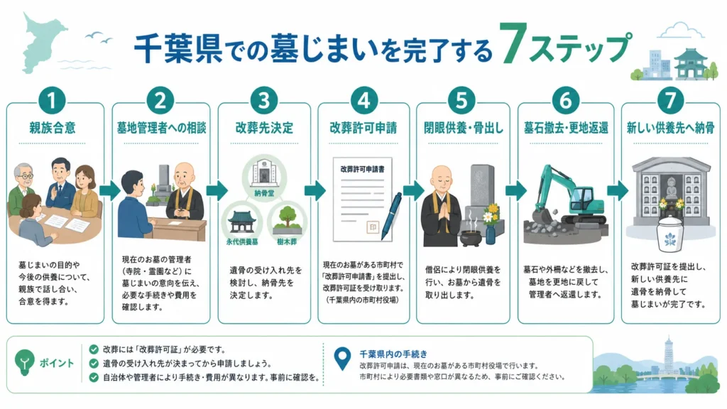 千葉県で墓じまいを完了するまでの7ステップを表した図解