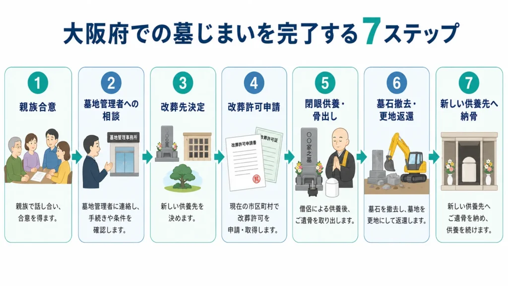 （手続き図解）
大阪府で墓じまいを完了するまでの7ステップ。親族合意、墓地管理者への相談、改葬先決定、改葬許可申請、閉眼供養・骨出し、墓石撤去・更地返還、新しい供養先へ納骨