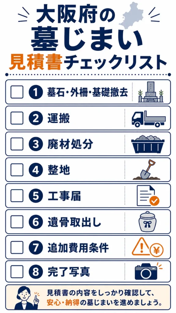 大阪府の墓じまい見積書チェックリスト。墓石・外柵・基礎撤去、運搬、廃材処分、整地、工事届、遺骨取出し、追加費用条件、完了写真の8項目