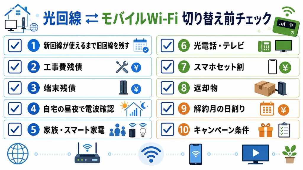 光回線とモバイルWi-Fiを切り替える前に確認する残債・電波・オプション・返却物のチェックリスト