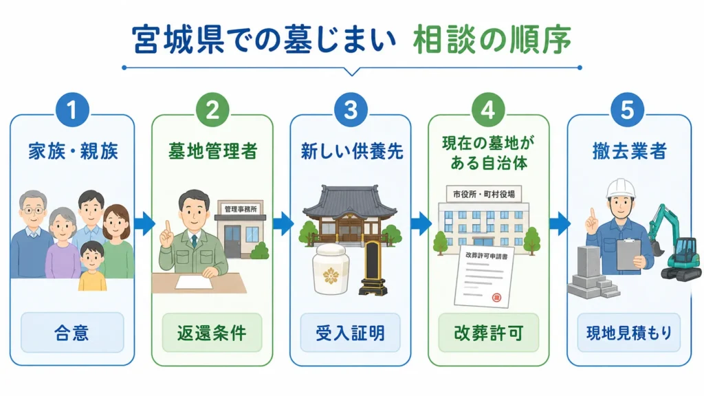 宮城県での墓じまい 相談順序。親族から撤去業者までの相談順とそれぞれと決めること