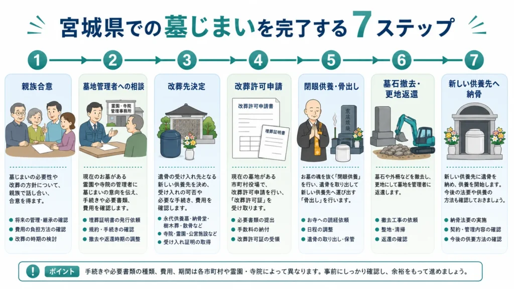 宮城県で墓じまいを完了するまでの7ステップのフロー図