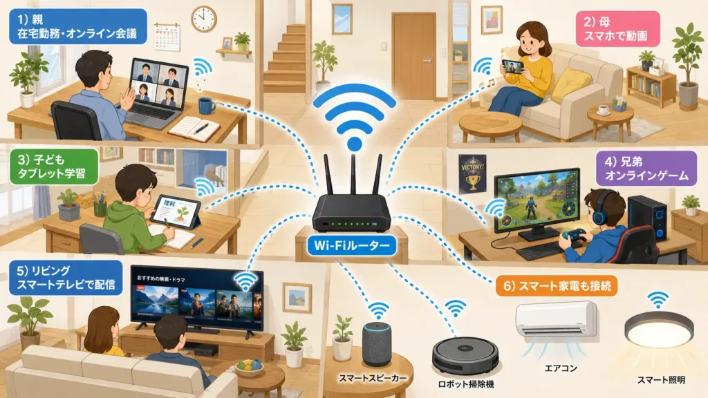 家族が在宅勤務・動画・ゲームなどを同時接続するイメージの図解