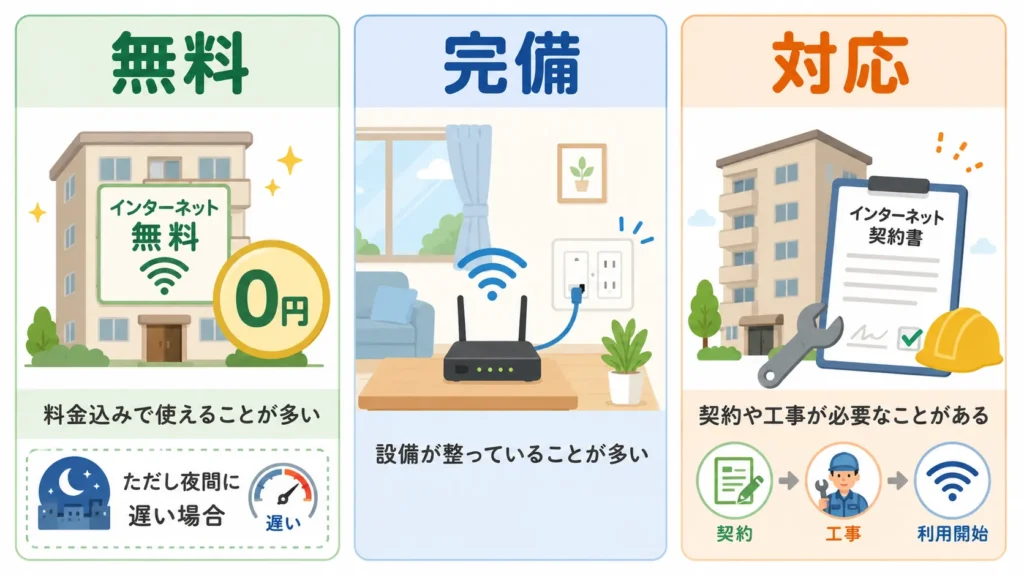 賃貸のインターネット無料・完備・対応の違いを示した図解