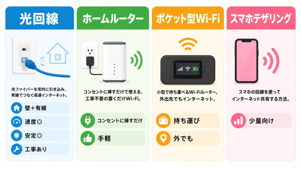 光回線とホームルーターとポケット型Wi-Fiの違いを示した図解