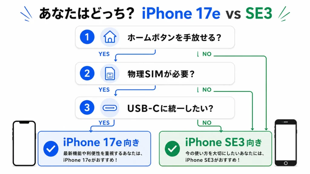 3つの分岐(ホームボタン/SIM/USB-C)で17e・SE3に振り分ける図
