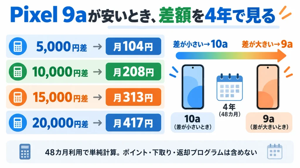 Pixel 10aとPixel 9aの価格差を4年間48カ月で月額換算した比較