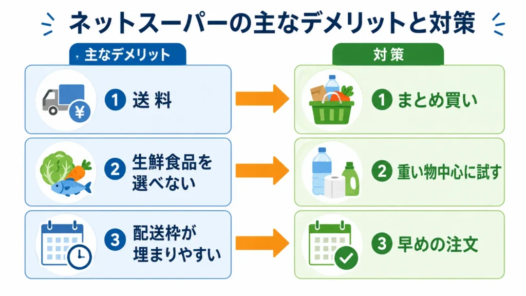 ネットスーパーのデメリットと対策を送料・生鮮食品・配送枠で整理した図