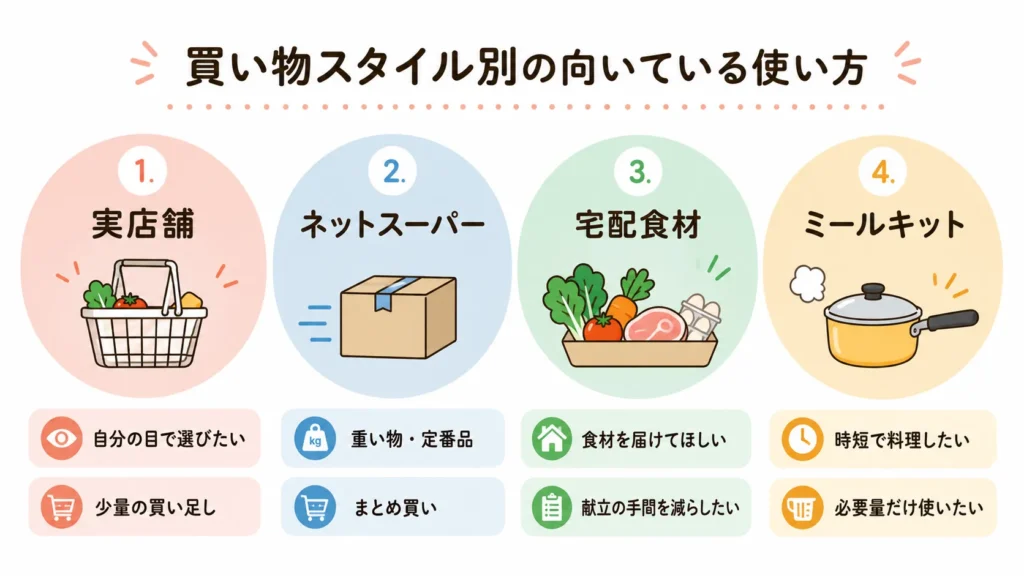 実店舗・ネットスーパー・食材宅配の違いと使い分けを示した図