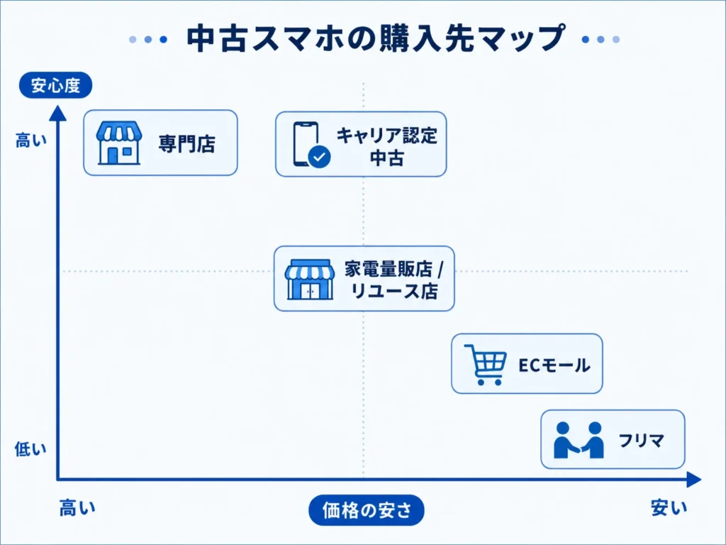 中古スマホの購入先を安心度と価格で比較したマップ図