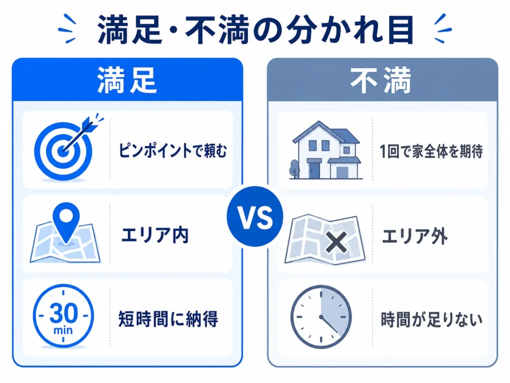 頼む範囲やエリアの違いで30min.の評判が満足と不満に分かれる様子を対比したインフォグラフィック
