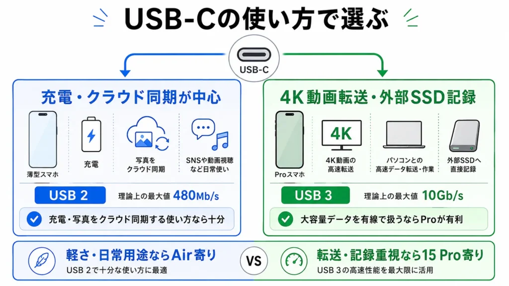 USB-CでもUSB 2とUSB 3で向く作業が違うことを示す図。