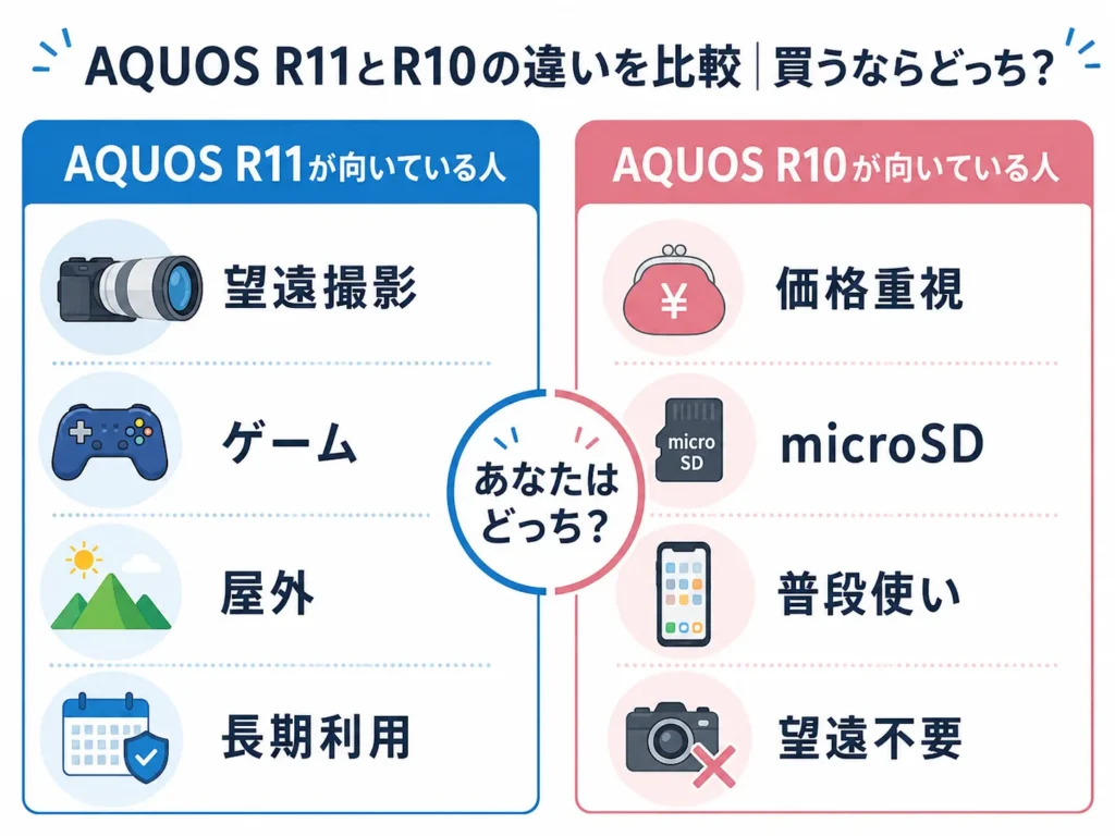 カメラ・ゲーム・屋外ならR11、microSD・価格ならR10と振り分けた選び方早見インフォグラフィック