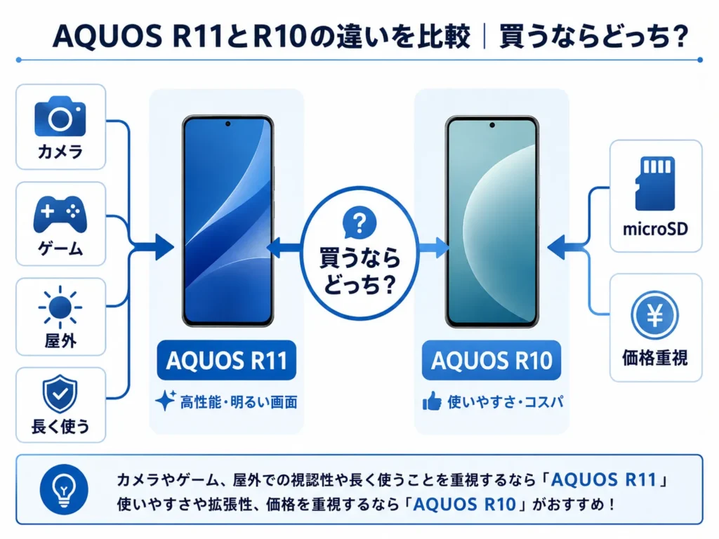AQUOS R11が向いている人とR10が向いている人を対比した診断風インフォグラフィック