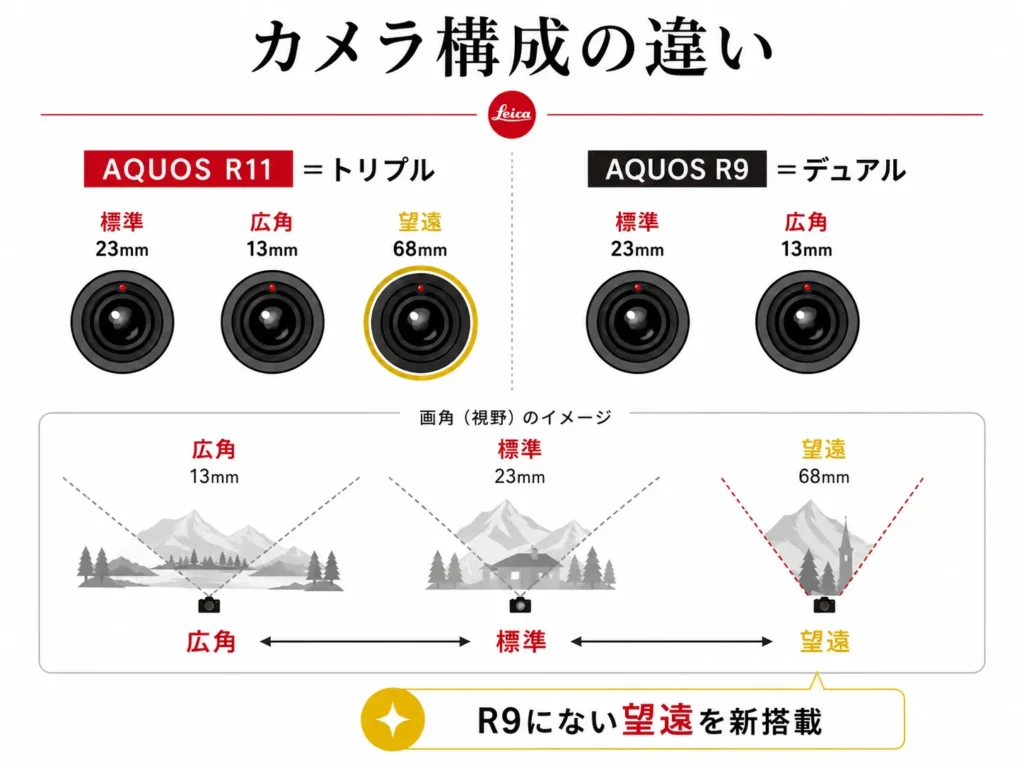 AQUOS R11のトリプルカメラとR9のデュアルカメラの構成・画角の違いを示した図解
