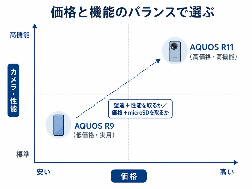 AQUOS R11とR9を価格と機能の2軸でプロットしたバランスマップ