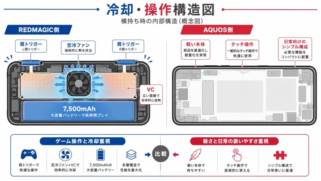 空冷・肩トリガーを備える11S Proと一般操作のR11の構造比較