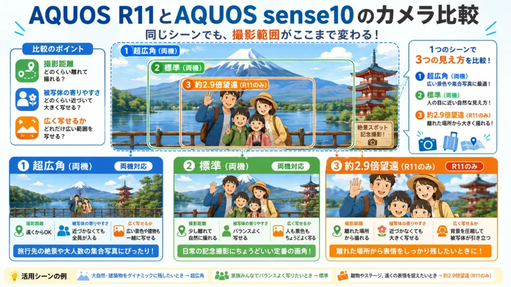 両機共通の標準・広角と、R11のみの約2.9倍望遠のカメラ構成