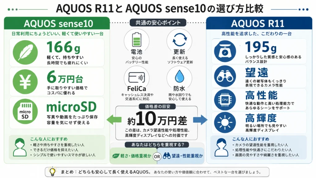 軽さと価格のsense10、望遠と性能のR11、選択基準の図