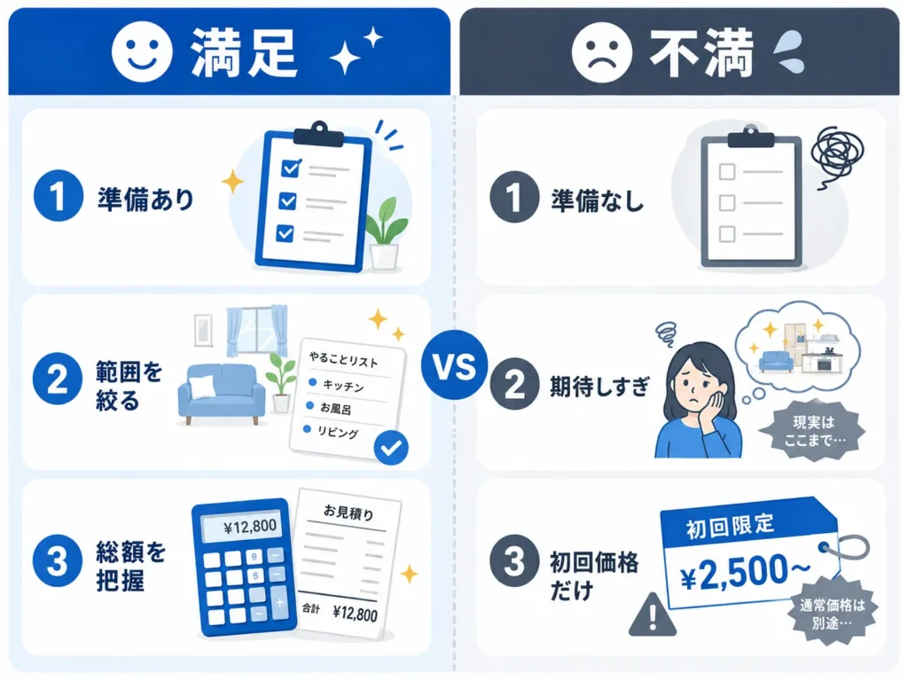 準備や期待値の違いでCaSyの評判が満足と不満に分かれる様子を対比したインフォグラフィック