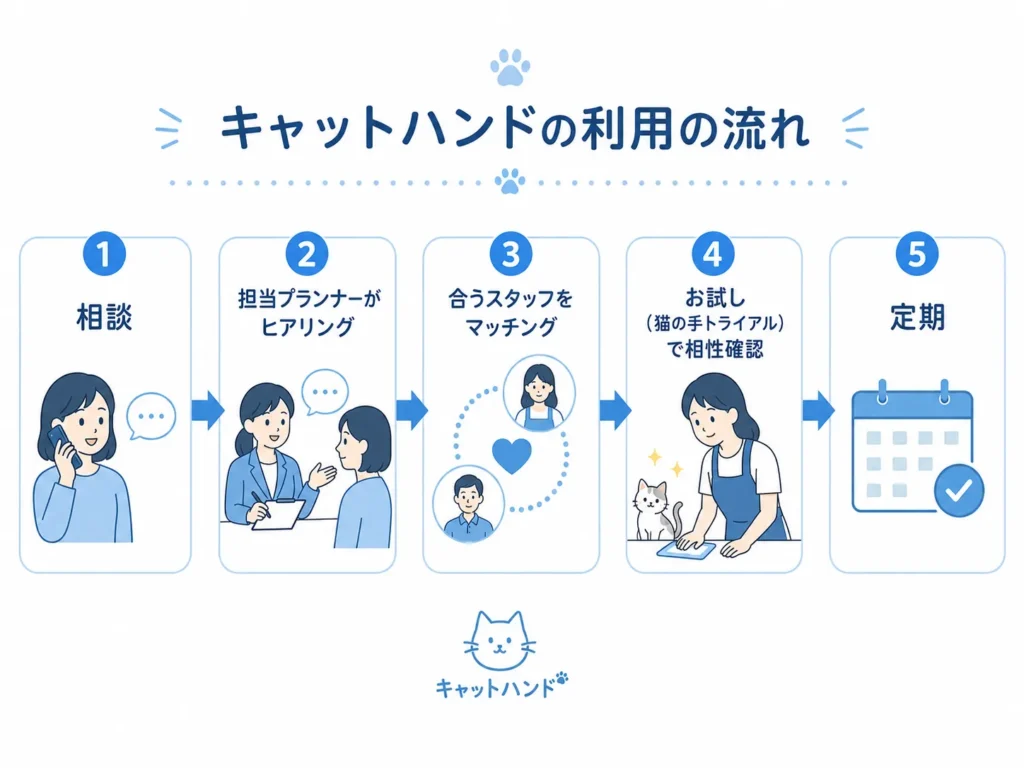 キャットハンドの相談からプランナーのマッチング、お試し、定期までの利用の流れを示すインフォグラフィック