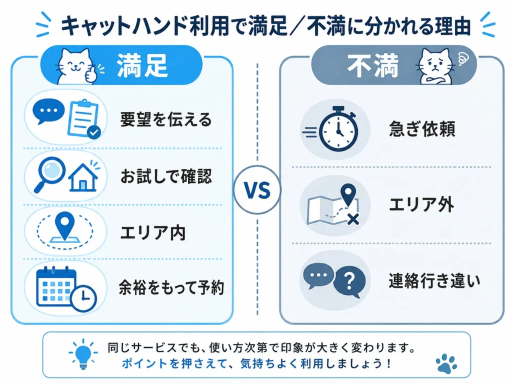 依頼方法やエリアの違いでキャットハンドの評判が満足と不満に分かれる様子を対比したインフォグラフィック