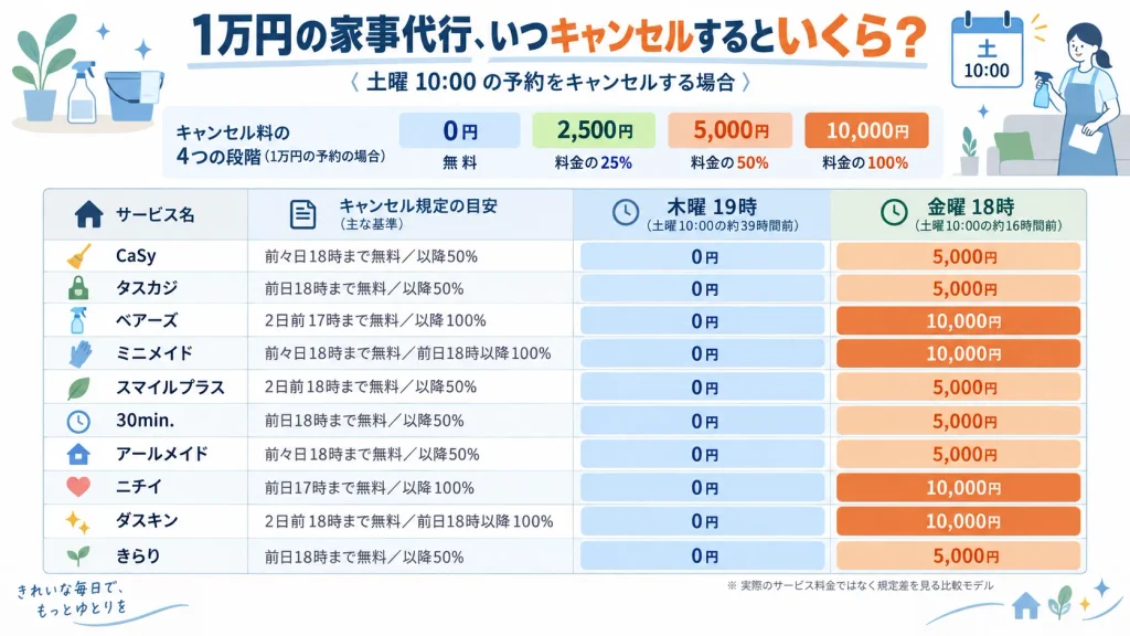 家事代行1万円の予約を木曜夜と金曜夜にキャンセルした場合の負担額比較