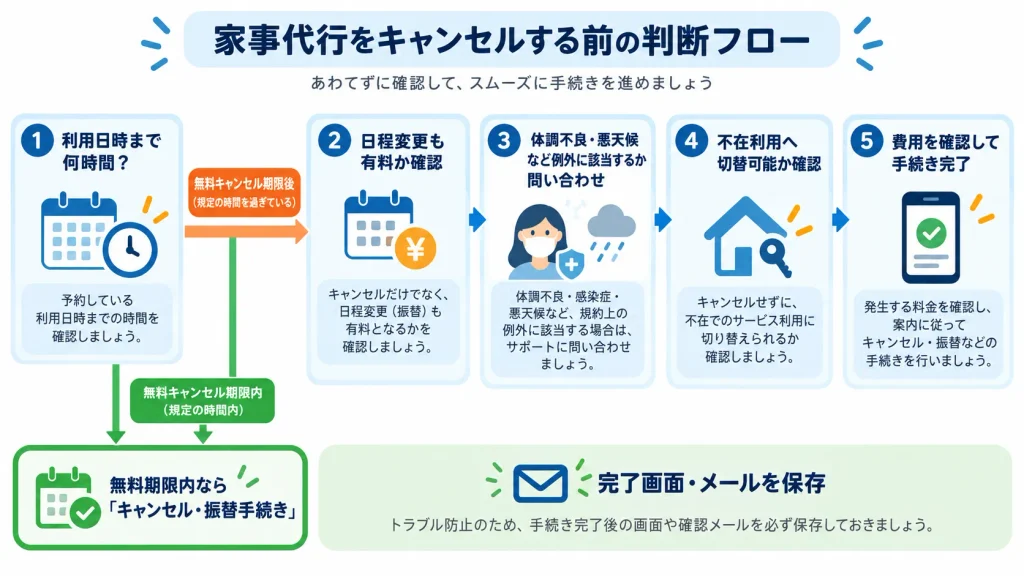 家事代行をキャンセルする前に無料期限や振替、例外を確認するフローチャート