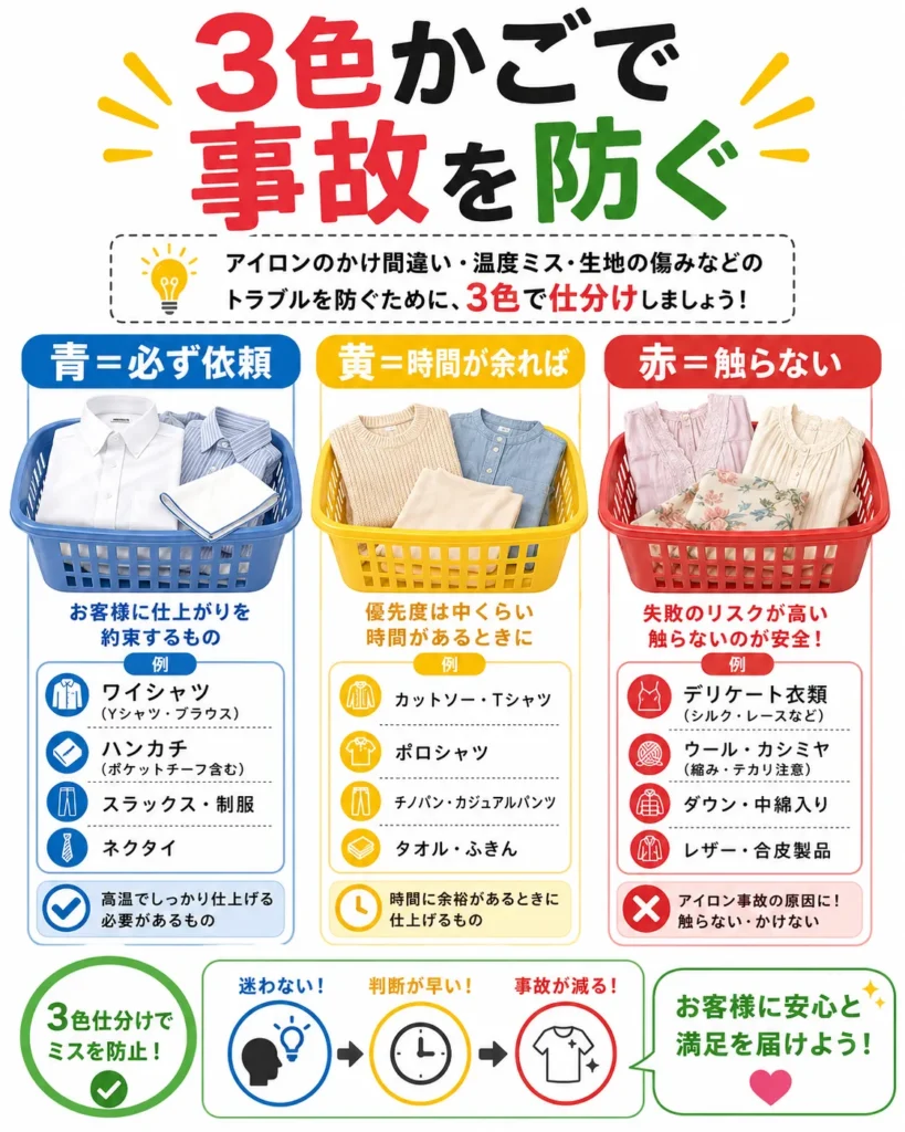 縦長チェック図「3色かごで事故を防ぐ」：青＝必ず依頼、黄＝時間が余れば、赤＝触らない。各かごにワイシャツ・ハンカチ・デリケート衣類の例。
