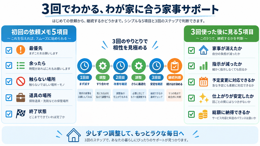 家事代行の初回依頼メモ5項目と3回利用後の継続判断ポイント