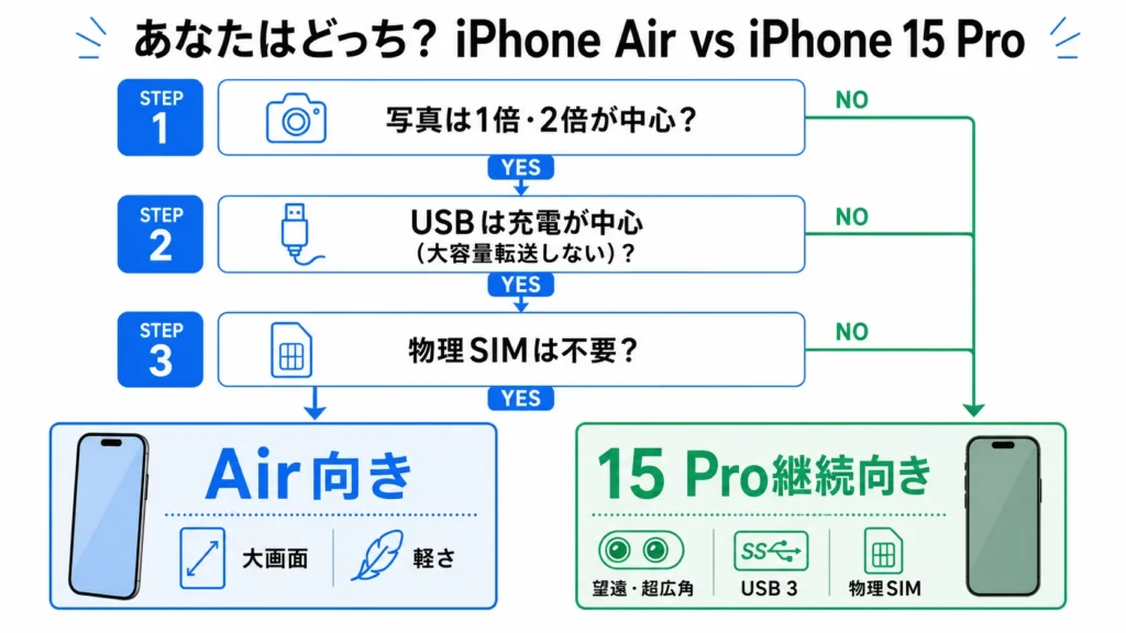 「あなたはどっち？ iPhone Air vs iPhone 15 Pro」。