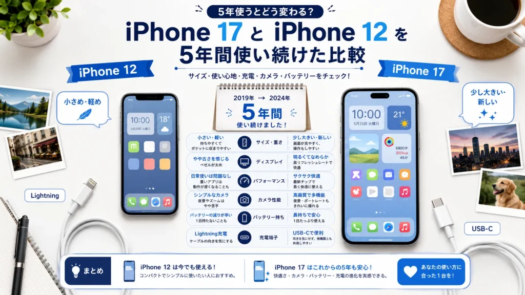 5年使ったスマートフォンと新機種を比較する様子。iPhone12とiPhone17