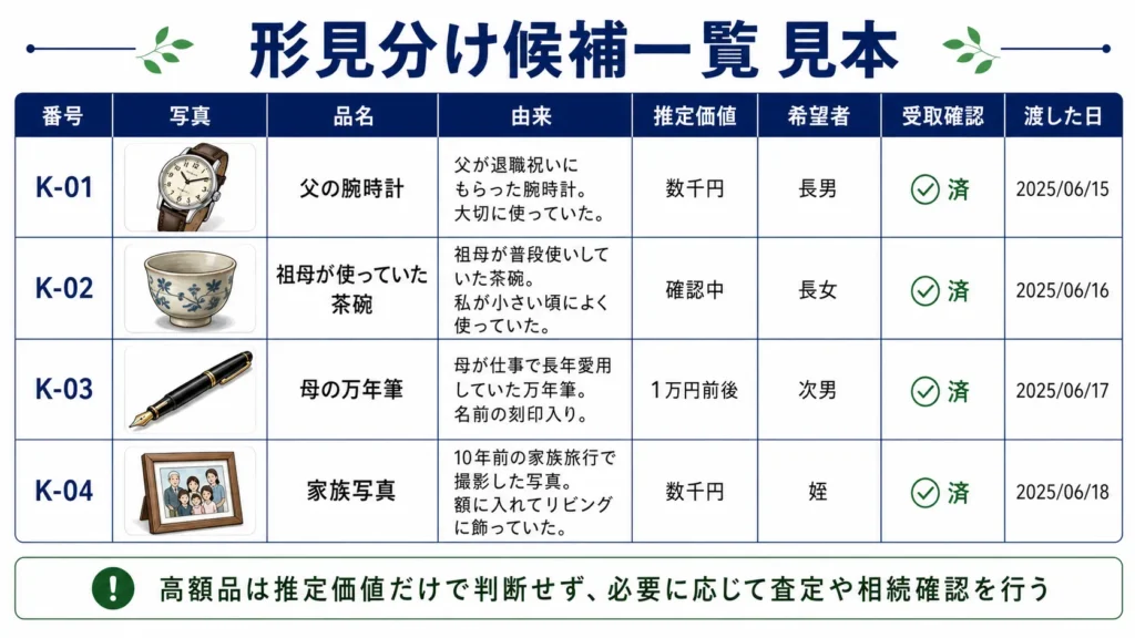 形見分け候補一覧の記入例
