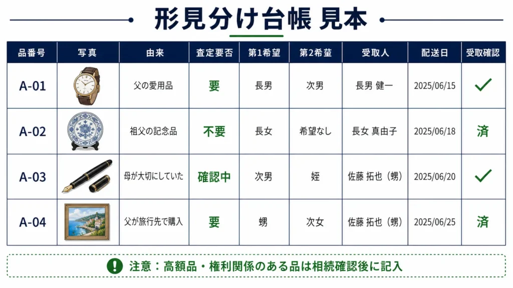 形見分け台帳の記入項目