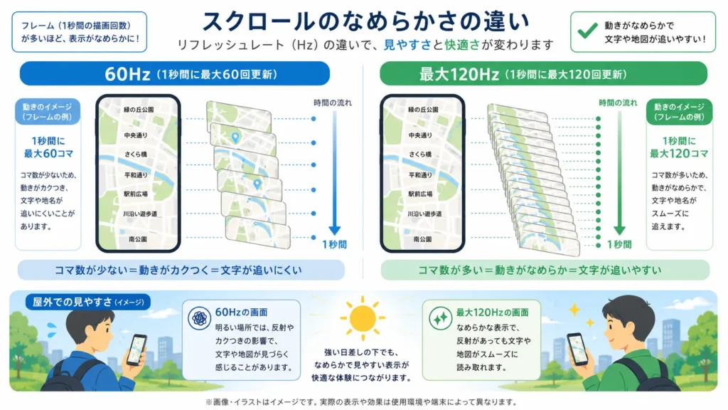 60Hzと最大120Hzのスクロール表示を比べた図。