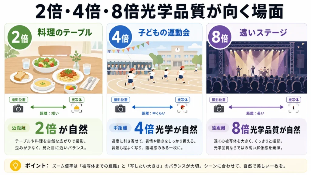 2倍、4倍、8倍光学品質が向く撮影距離の違い。
