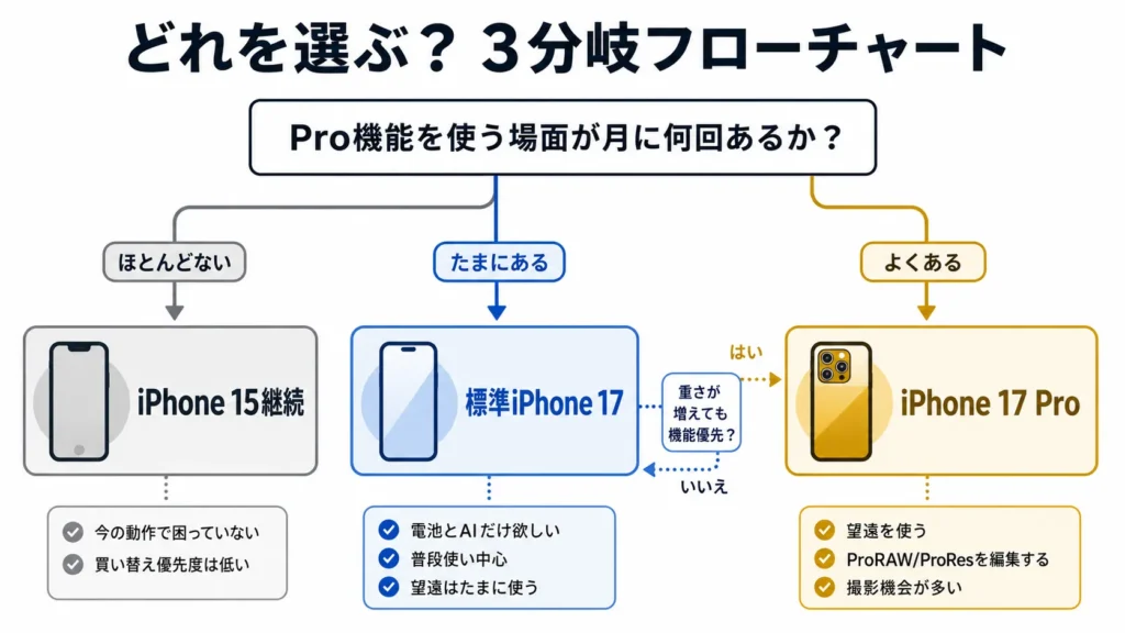 iPhone15から買い替え先を選ぶための判断フローチャート。