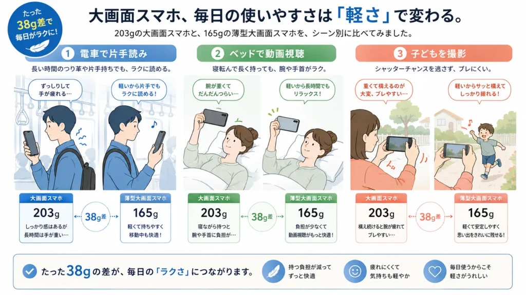 大画面スマホの38g差を通勤、動画、撮影で示した図。