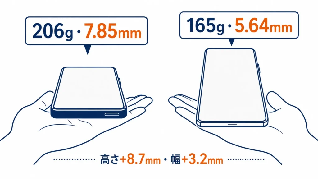 iPhone Airの軽さとサイズ拡大を同時に示す比較イラスト