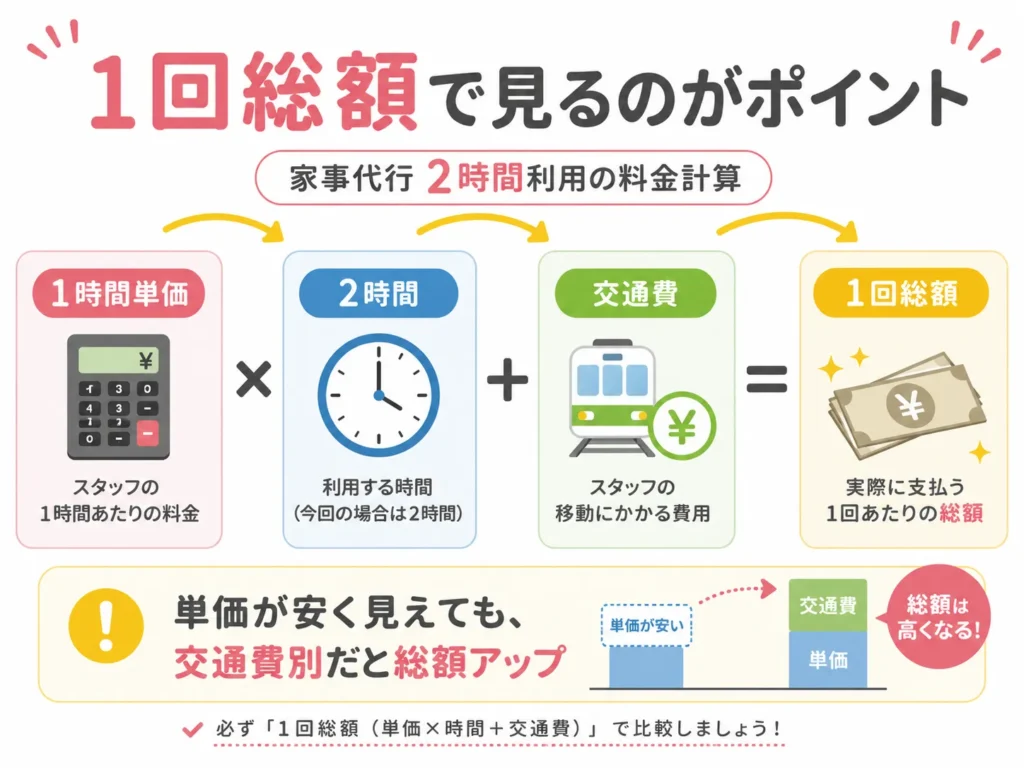 家事代行の2時間料金を単価×2時間＋交通費の1回総額で見る考え方を示した図解