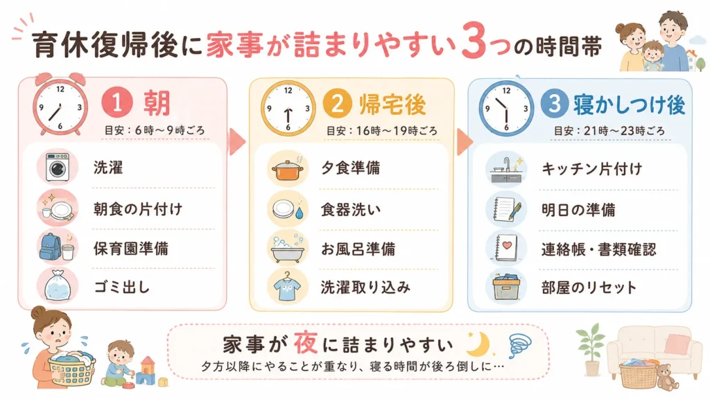 育休復帰後に家事が詰まる時間帯の図