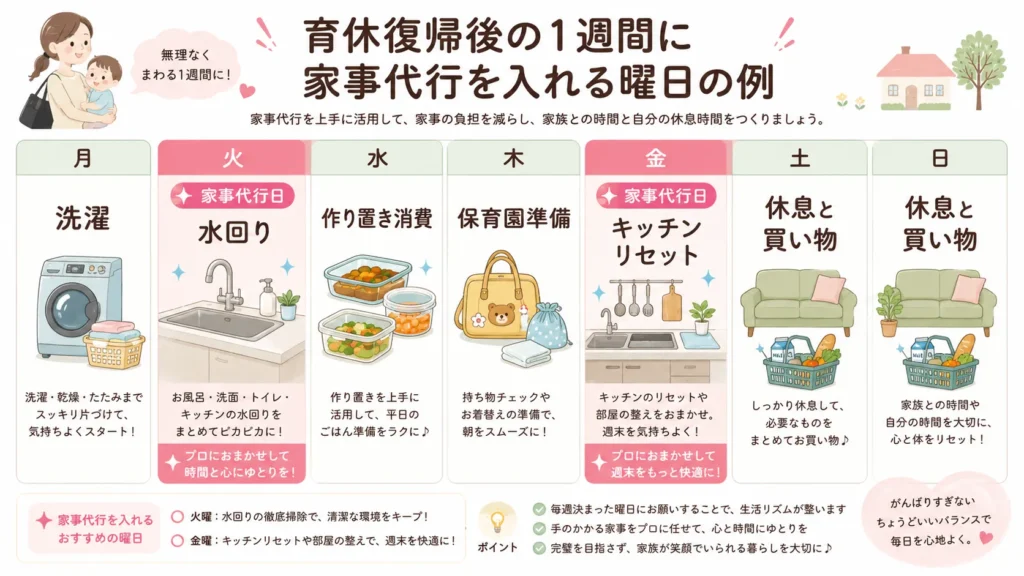 育休復帰後に家事代行を入れる曜日の例